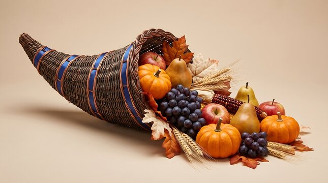 Autumnal cornucopia with fruits and vegetables for Thanksgiving decoration Thanksgiving