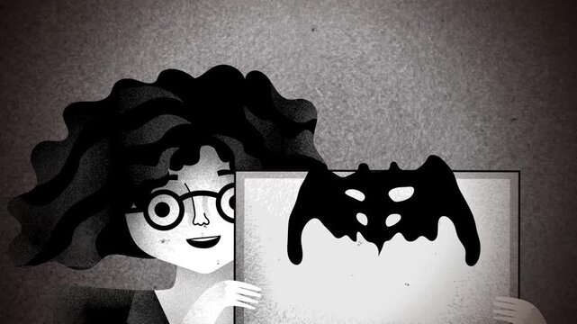 psychologist showing a Rorschach inkblot transforming into an ink butterfly