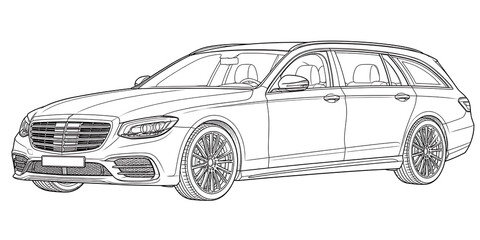 Fototapeta premium Luxury Estate Car Black and White Vector Line Art, luxury estate car, estate car, station wagon, luxury wagon, premium estate vehicle, executive car, family car, premium automobile, modern wagon, styl