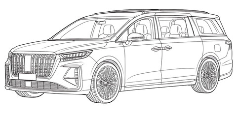 Fototapeta premium Luxury Minivan Technical Line Art, luxury minivan, premium minivan, luxury van, family minivan, passenger van, premium vehicle, executive minivan, modern minivan, spacious vehicle, automotive line art