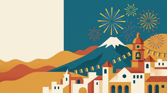 Flat vector illustration of a colonial city skyline with flags and fireworks, copy space