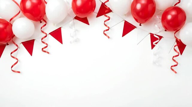 Festive red and white balloons with streamers and bunting on white background