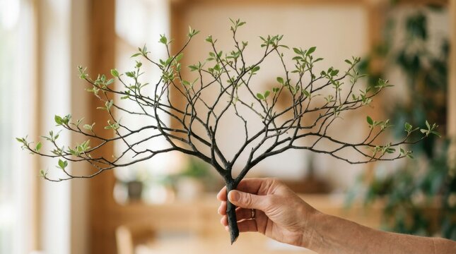 Hand holding a small tree limb symbolizing innovation strategy and commitment to environmental sustainability