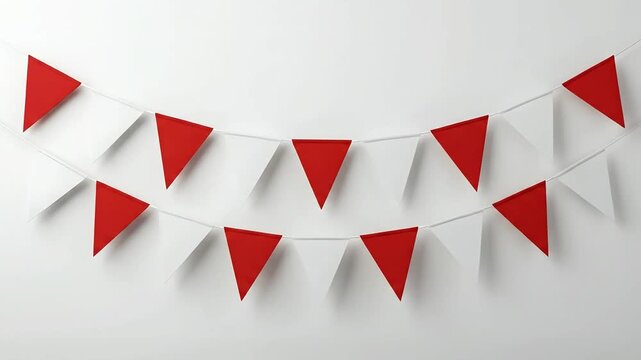 Red and White Bunting Flags Hanging Against a Plain White Background