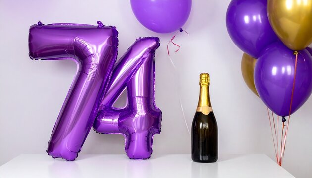 Number 74 Balloon with Champagne Bottle. Purple and Gold Theme for Birthday or Anniversary Celebration