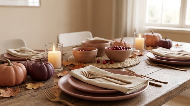 Autumnal Thanksgiving dinner table setting with candles and pumpkins Thanksgiving
