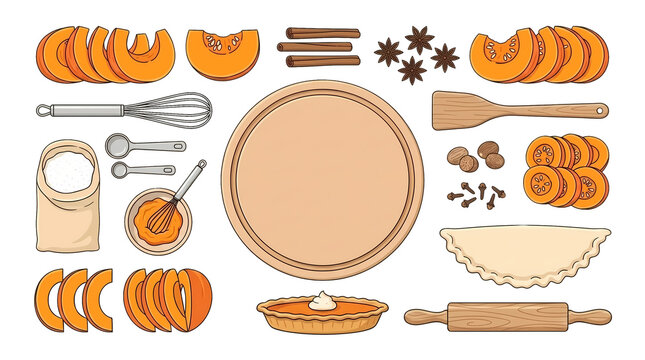 Vector style illustration of Thanksgiving pumpkin pie ingredients and baking utensils arranged neatly on a transparent background