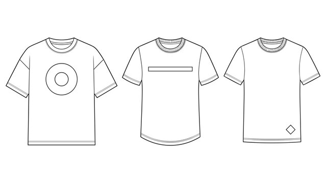 Men's oversized drop shoulder and regular fit t-shirt flat sketch set with geometric graphic fashion illustration drawing template mock up, baggy round neck tee vector template