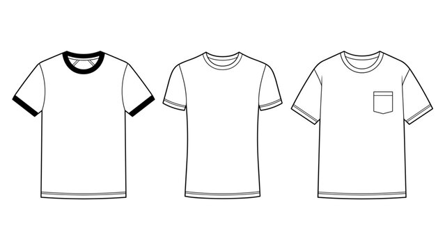 Men's ringer and pocket t-shirt flat sketch set with contrast neck and sleeve bands fashion illustration drawing template mock up, basic crew neck technical drawing vector template