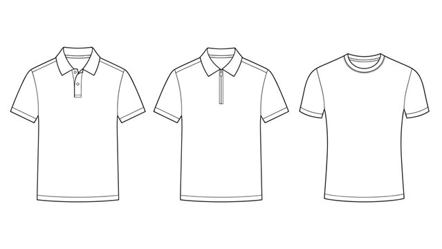 Men's short sleeve polo shirt, zip neck, and crew neck t-shirt flat sketch fashion illustration drawing template mock up set, collared technical drawing vector template