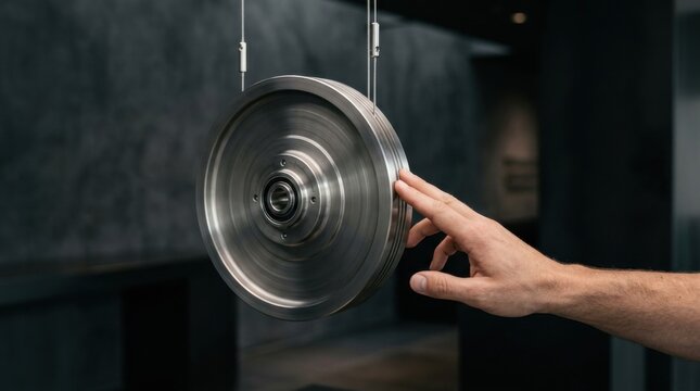 Person?s hand pushing a suspended flywheel symbolizing investment momentum and energy in financial markets