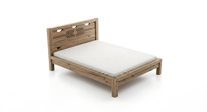 Rustic reclaimed wood bed frame with decorative headboard detail isolated against clean white background studio