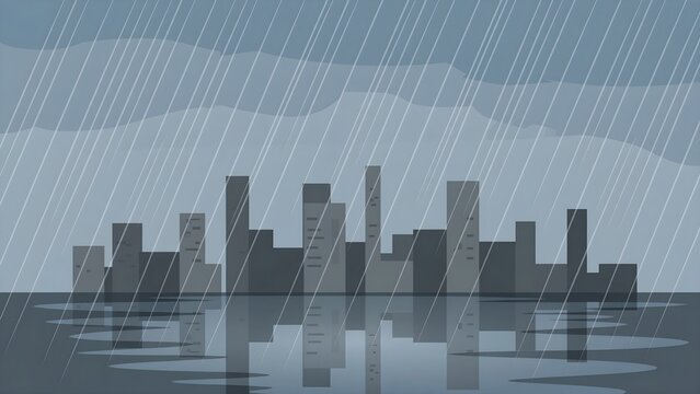 Flat Cityscape of Rainy City with Puddle Reflections, Falling Raindrops, Dark Overcast Clouds, Minimalist Urban Buildings, and Wet Vector Skyline