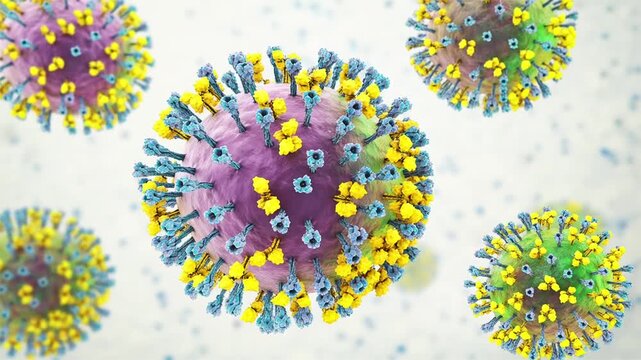 Parainfluenza viruses, 3D animation showing enveloped virions with surface glycoprotein spikes and helical nucleocapsid structure typical of Paramyxoviridae.