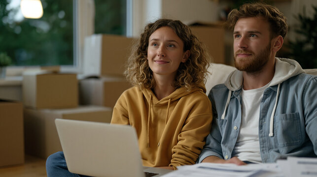 Millennial couple sits on apartment floor surrounded by unopened moving boxes, mortgage digital application form visible on open laptop, lease papers spread around them, end of