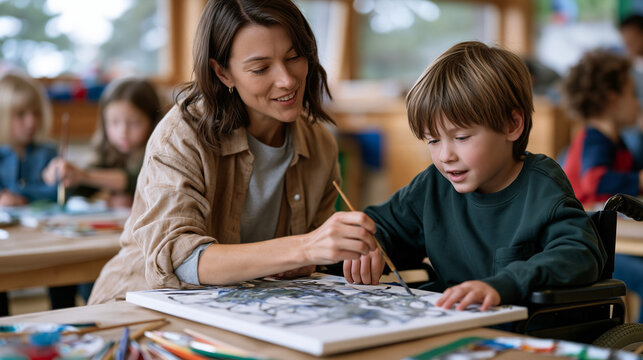 A classroom aide kneels beside a wheelchair-using student as both work together on a shared art canvas during an inclusive elementary school session with other children painting
