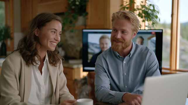 Remote coworkers sharing casual laughter during a virtual water cooler chat session, visible on a widescreen monitor in a sunlit kitchen nook, steaming mugs nearby, relaxed body