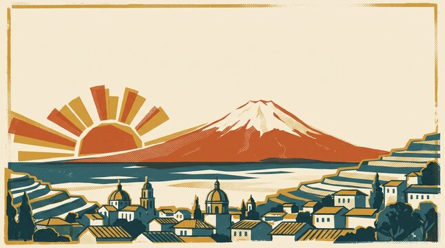 Retro screen print poster of an Andean volcano above a colonial hill town, copy space