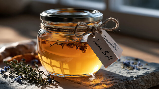 Single glass jar of golden bone broth infused with turmeric, ginger root, and dried medicinal herbs resting on a stone surface, handwritten ingredient tags tied to the lid with