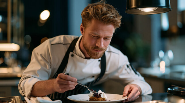 A chef carefully plates a minimalist dessert under a single hanging kitchen lamp at midnight, the rest of the restaurant dark and quiet behind him, capturing culinary artistry,