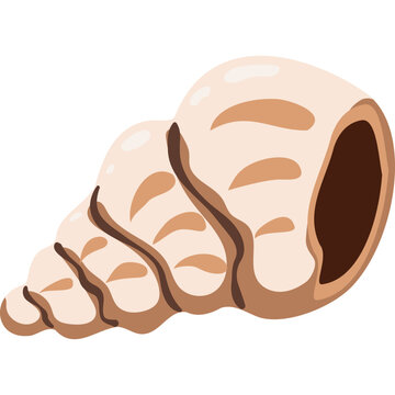 Cute beige spiral seashell isolated on white background. Cartoon conch shell for summer beach, ocean, and nautical design. Vector illustration