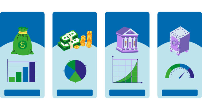 Business and finance infographic set with money bag, cash, bank, safe, charts, and gauge for mobile app UI design.
