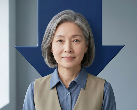 하강 화살표 앞에 선 여성 (하락 컨셉) / Woman in Front of a Downward Arrow (Decline Concept)