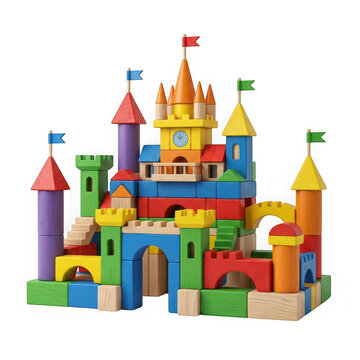 Colorful wooden toy castle for children isolated on transparent background