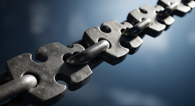 A close-up, detailed view of a strong, interlocking metal chain against a blurred blue background.