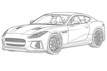 Naklejka premium Modern Sports Coupe Black and White Vector Line Art, modern sports coupe, sports coupe, modern sports car, performance car, luxury coupe, premium sports car, two door car, high performance vehicle, st