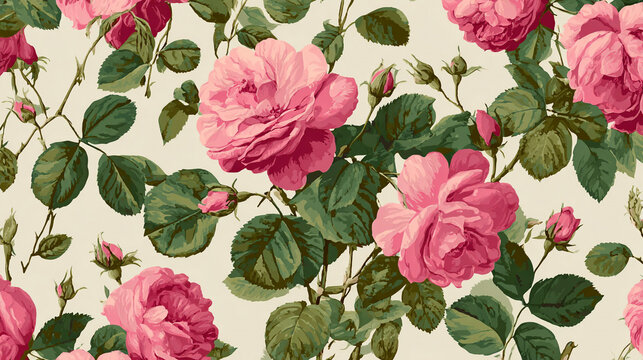 Seamless pattern with beautiful pink roses and green leaves on a light background, vintage style botanical illustration