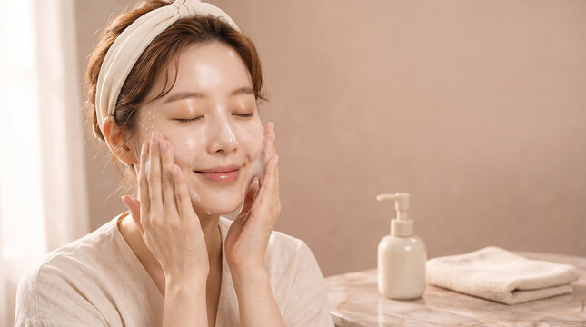 얼굴에 손을 대고 스킨케어하는 여성 / Woman Doing Skincare with Hands on Her Face