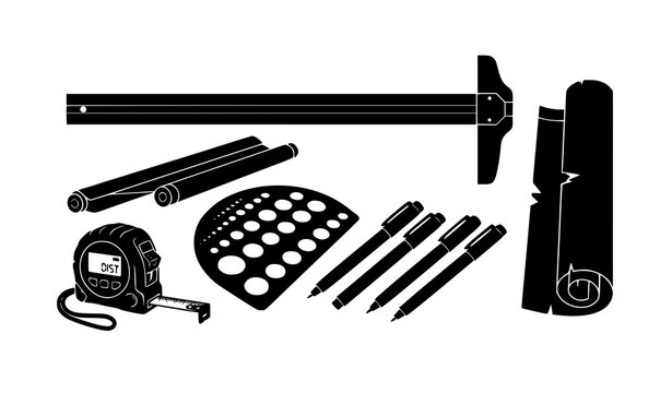 Architectural Drafting Drawing Tools Silhouette Vector Set with T Square Ruler Circle Template Pens and Tube Holder
