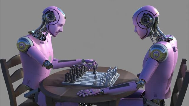 Humanoid robots playing chess, 3D animation representing artificial intelligence, strategic decision making and human‑machine cognitive simulation.