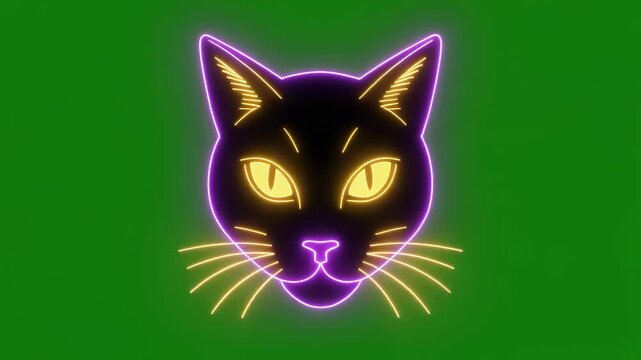 Stylized Black Cat Heads with Neon Glow on Green and Black Stripes