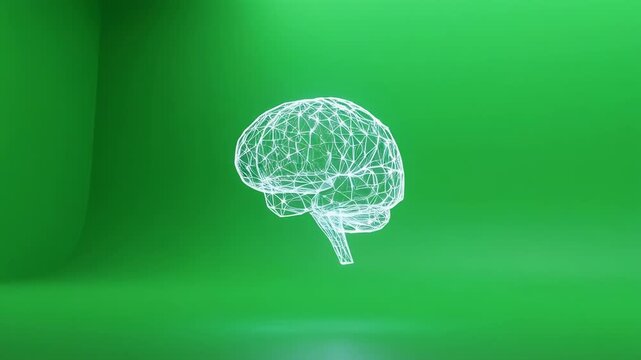 Wireframe human brain rotating in green studio light with subtle depth of field for medical research concepts