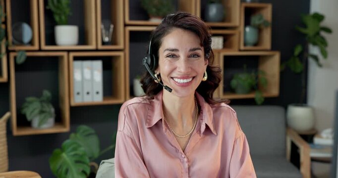 Face, smile and woman at call center with headset, career pride and about us for customer service. Portrait, mature agent and happy in office with mic, virtual assistant and advisory for crm support