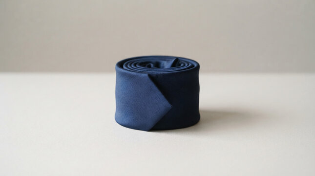 Close-up of a rolled navy blue tie, showcasing its texture and color, symbolizing professionalism, formality, and business. free space, text, mockup