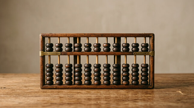 Antique wooden abacus with dark beads on a textured wooden surface, symbolizing calculation, tradition, and education, perfect for financial or historical concepts