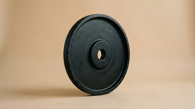 Black circular weight plate on a beige background, symbolizing strength, fitness, and workout, ideal for sports or health concepts