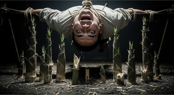 A person is tied to a wooden frame with bamboo shoots growing around them, with a distressed expression.