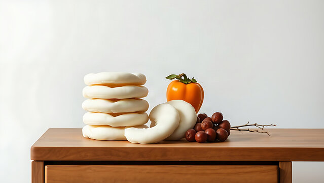 Half-moon rice cakes, persimmon and dried jujubes on wooden sideboard, cultural heritage retail display