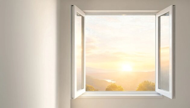 Scenic view of golden sunset through open residential window frame with landscape outdoors interior architecture sunshine peaceful daylight countryside tranquil beginning windowpane