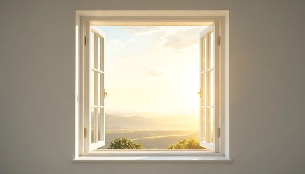 Bright morning sun shining through open window onto peaceful rural landscape with landscape outdoors interior architecture peaceful sunshine daylight countryside tranquil beginning relaxing