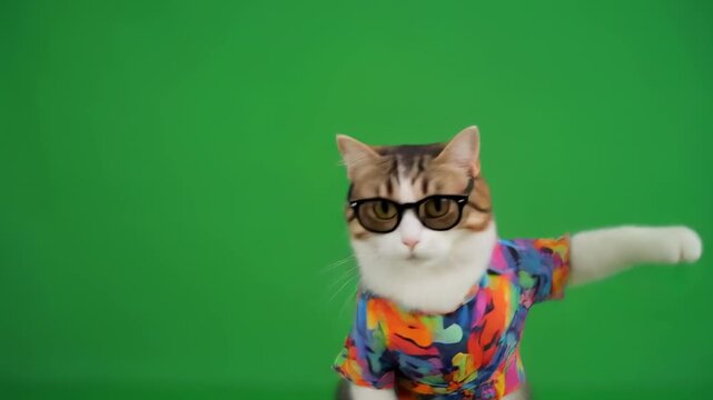 Cool cat in sunglasses and Hawaiian shirt dancing on green screen with cinematic motion