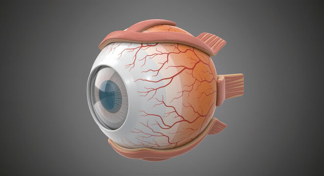 A 3D render of a detailed anatomical model of the human eye, showcasing its intricate internal structures and external musculature.