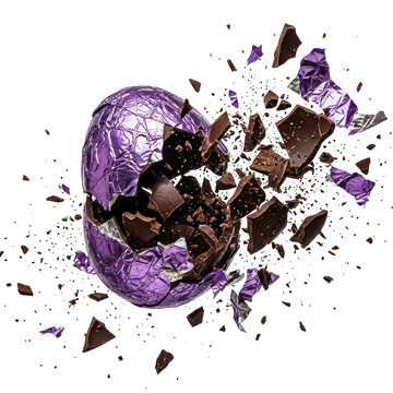 Exploding chocolate egg wrapped in purple foil isolated on transparent background