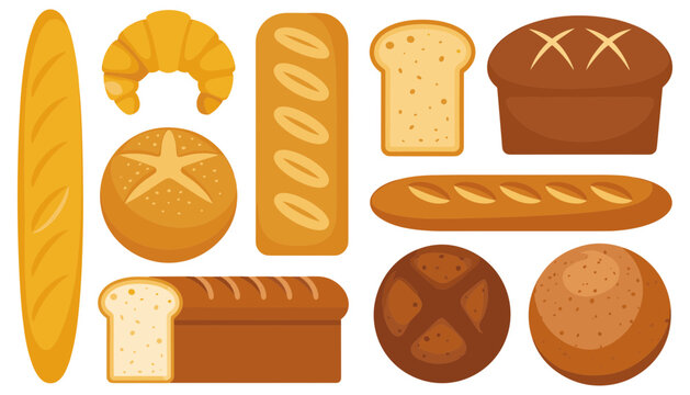 Bakery bread flat vector illustration layout. Long baguettes, croissants, round buns, and sliced sandwich loaves compose a tasty pastry shop asset bundle.