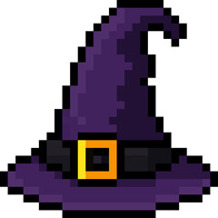 Fototapeta premium Pixel Art Purple Witch Hat Icon Gold Buckle 8 Bit Retro Halloween Costume Item for Games and Spooky Design