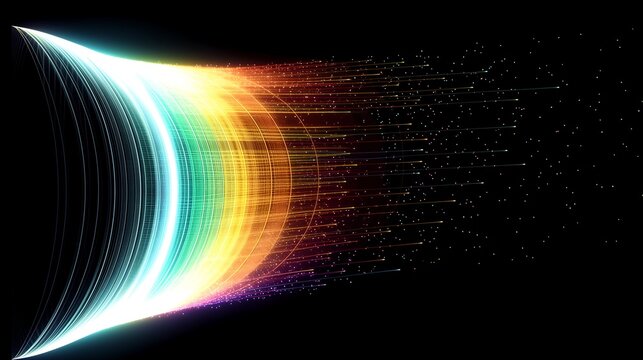 Flowing Kpop rainbow colored light streaks forming crescent with particle trail, light themed banner